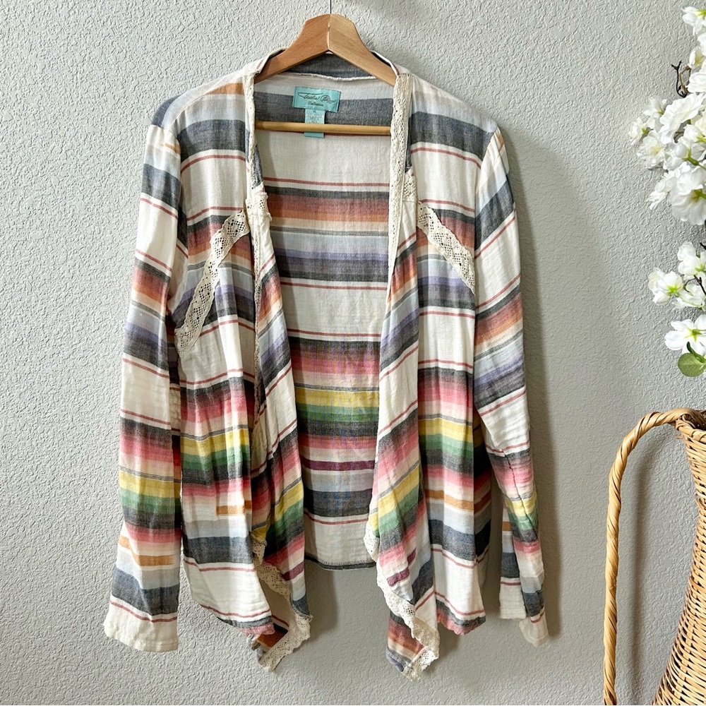 Tasha Polizzi 100% Cotton Serape Stripe Lace Trim Cardigan Size XL Lightweight